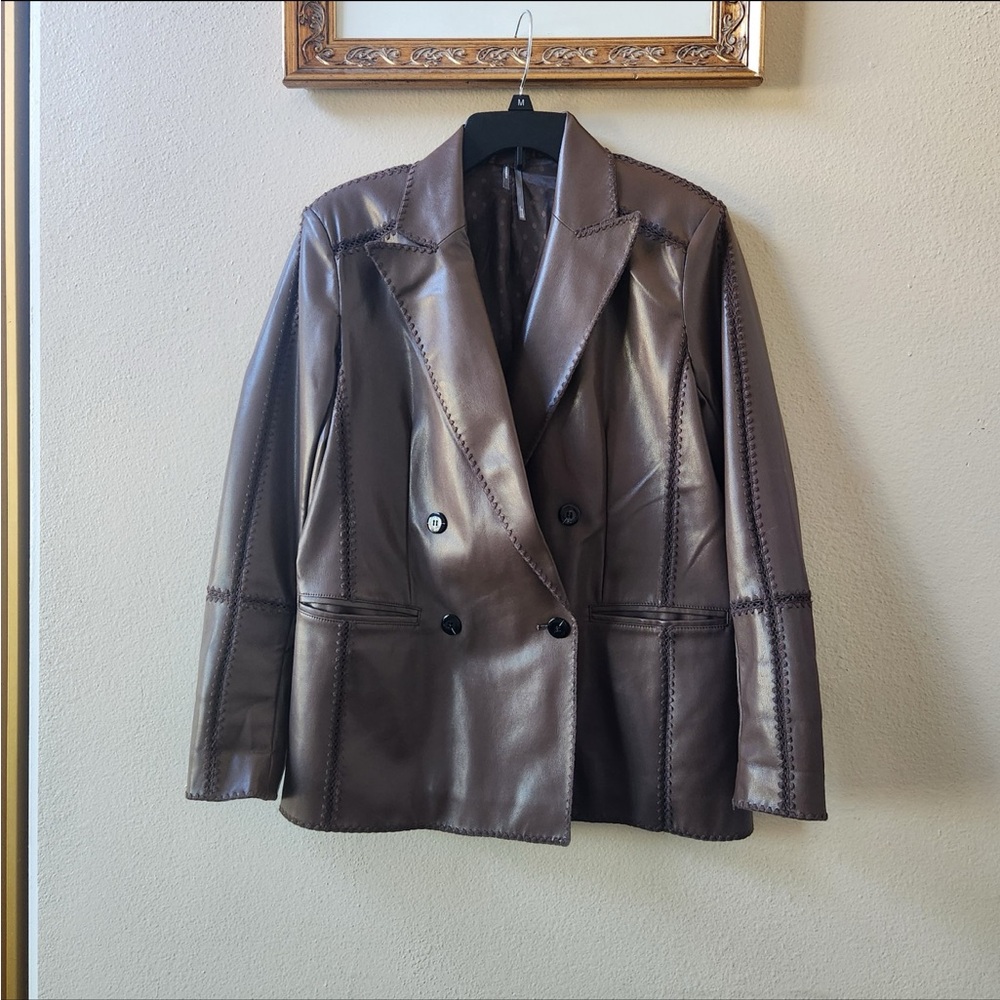 Anthropologie Faux Leather Crochet-Stitch Blazer brown jacket size S
